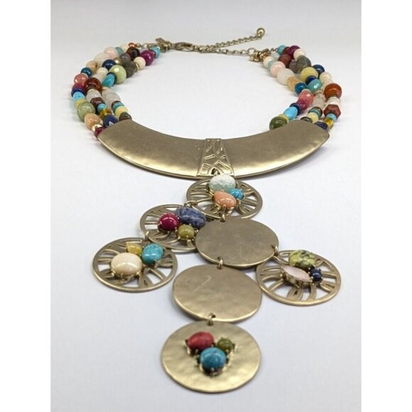 Chico's Huge Chunky Multi Strand Multi Color Stone Gold Tone Medallion Necklace - Picture 3 of 10